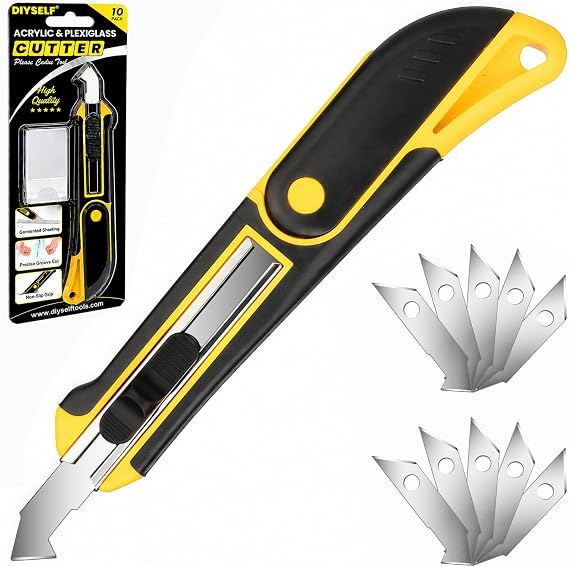 DIYSELF Professional Plexiglass Cutter Knife, Acrylic Cutter, Scoring Knife with 10 Extra SK5 Blades for Plexiglass Cut to Size, Acrylic, ABS, PVC, Plastic Cutting Tool for DIY, Home Repair, Crafts