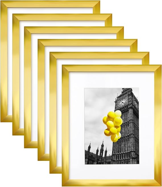 8X10 Modern Gold Picture Frame, 6 Pack Photo Frames for Gallery Wall, Display Pictures 5x7 with Mat or 8x10 Without Mat for Tabletop Display and Wall Mounting