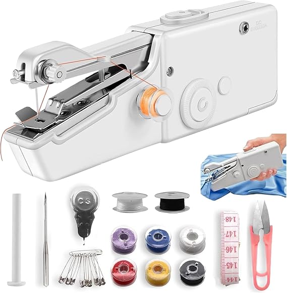 Handheld Sewing Machine, Portable Mini Sewing Machine for Beginners, White Electric Stitching Machine with Accessories, Easy-to-Use Hand Stitching, Suitable for DIY Crafts, Garments, Home & Travel