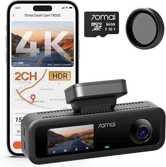 70mai Dash Cam 4K T800E+CPL 70mai 4K Dash Cam Front and Interior, HDR Dash Camera with F1.55 Aperture, Wi-Fi 6, 24H Parking Surveillance, GPS, Loop Recording, 64GB Card Included
