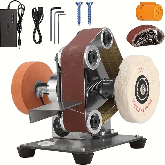 Mini Belt Sander Electric Bench Grinder, 7 Speed Adjustable Power Tool with Polishing Wheels, Sanding Belts, Dust Cover for Metal Wood DIY Craft, 110V AC, 8000 RPM