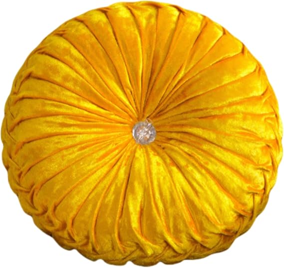 MOJUN Round Throw Pillows, 13.7" Ice Flower Velvet Pleated Round Pumpkin Throw Pillow Couch Cushion Floor Pillow Decorative for Sofa Bed Chair Living Room Car, Yellow