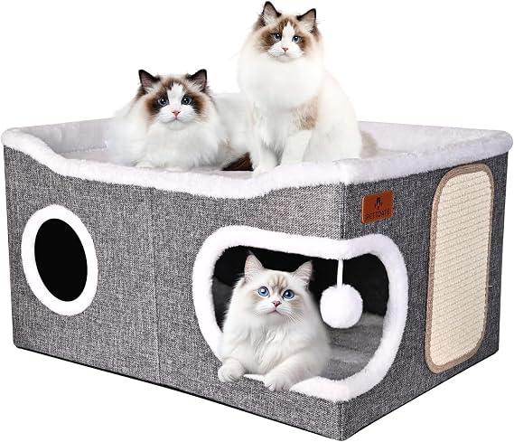Extra-Wide Cat Beds for Indoor Cats, Large Cat Cave Bed with Scratch Pad and Fluffy Ball, Foldable Cat Hideaway with Reversible Cushion for Multi Small Pet Large Kitty, 60D x 43W x 32H cm, Grey