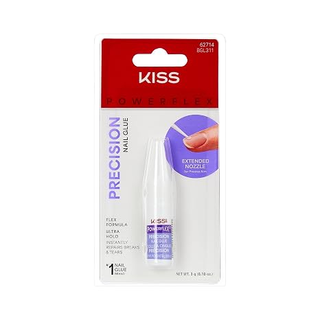 Kiss PowerFlex Precision Nail Glue for Press Ons, Kits, Tips & Wraps, 0.10 oz, Ultra Strong Bond, Fast Drying Adhesive, Instantly Repairs Cracks, Splits & Breaks, Extended Nozzle for Precision