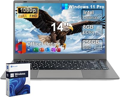 2025 Laptop Computer 14 Inch FHD 1080p, Windows 11 Pro with MS Office for School College Students Business, 8GB RAM, 256GB SSD, Dual-Core Intel CeleronUp to 2.6 GHz, Webcam, Wi-Fi, Bluetooth 5.0