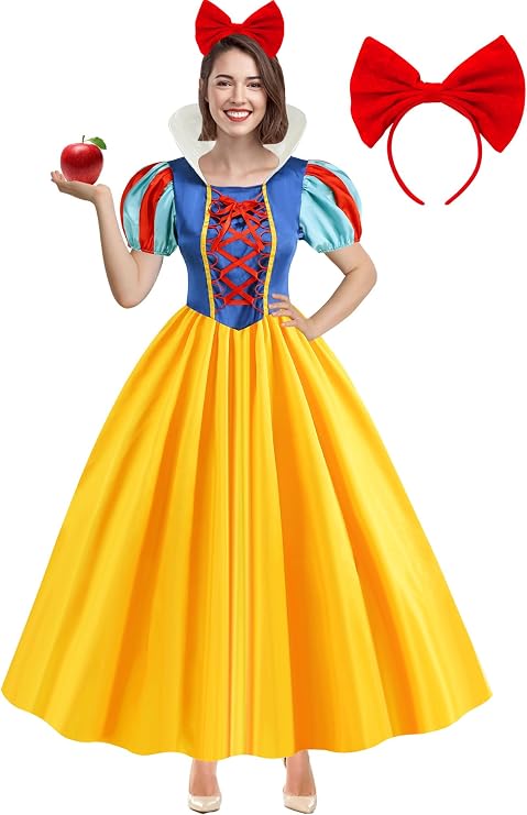 WISHTEN Princess Costume for Women,Adults Princess Dress with Headband, Halloween Costume Dress Up Outfit | Princess Dress for Women Adult with Red Headband with Bow,Halloween Cosplay,Princess Theme Parties