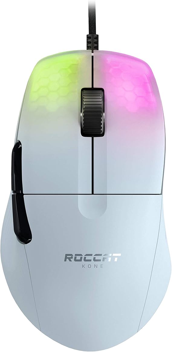 Roccat Kone Pro PC Gaming Mouse, Lightweight Ergonomic Design, Titan Switch Optical, AIMO RGB Lighting, Superlight Wired Computer Mouse, Titan Scroll Wheel, Bionic Shell, 19K DPI, White
