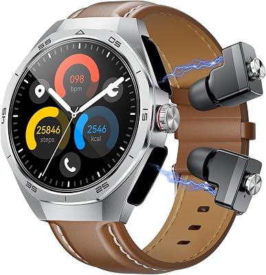 Tuanzi GT97 2 in 1 Smartwatch with TWS Earbuds 1.53 Inch 128MB Round Waterproof Music MP3 Speaker NFC Smart Watch Bluetooth Headphones Health Monitor Sports Fitness Tracker Silver Leather