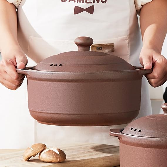 Natural Terracotta Casserole with Lids Clay Pots for Cooking, Unglazed Earthenware Rice Pots (UpgradeT2-1.58QT)