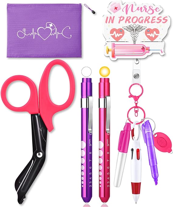 10 Pack Nurse Tools Set, Purple Nurse Accessories for Work with 1 Trauma Bandage Shear, 2 LED Pen Lights, 3 Pens(Marker, Ballpoint, Highlighter), 1 Flashlight, 1 Badge, 1 Keychain and Packaging Bag