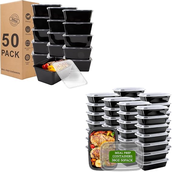 RANLITTLE 100 Pack Meal Prep Containers Combo - 34oz and 38oz, Plastic Food Storage Containers with Lids, Stackable, Takeout, BPA-Free, Microwave/Freezer Safe