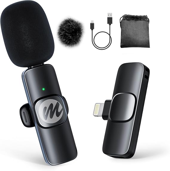 Moman Wireless Lavalier Microphone for iPhone, Clip on Microphone for Video Recording Interview Podcast Vlog YouTube, Wireless-lavalier-Mic-iPhone-Recording