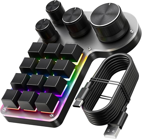 BCDYH Programmable Macro Keyboard 12 Keys 4 Knobs Gaming Keypad USB Wired + BT Dual Mode Multipurpose Shortcut Custom Keypad for PC Desktop