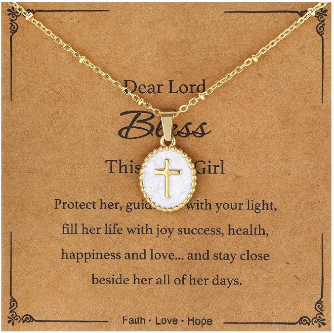 enasal Colorful Cross Necklace Baptism Christian Gifts for Girls Kids, First Communion Christening Birthday Jewelry for Daughter Granddaughter