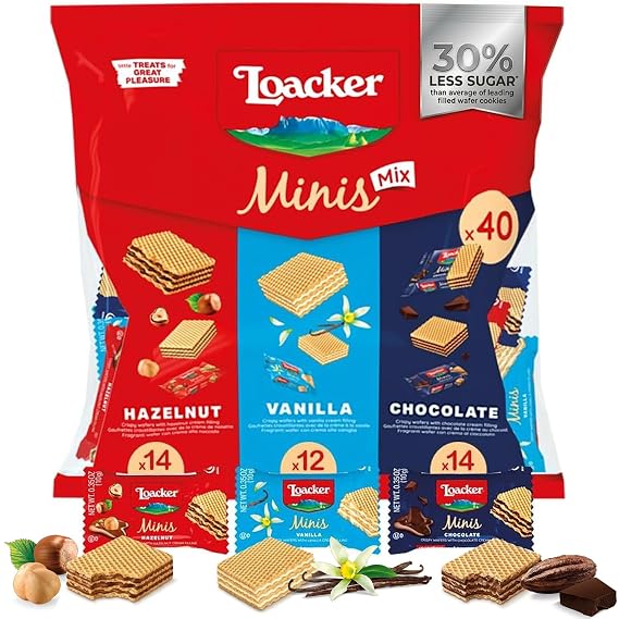 Loacker Mini Wafers, Hazelnut, Chocolate & Vanilla, 40 Individually Wrapped