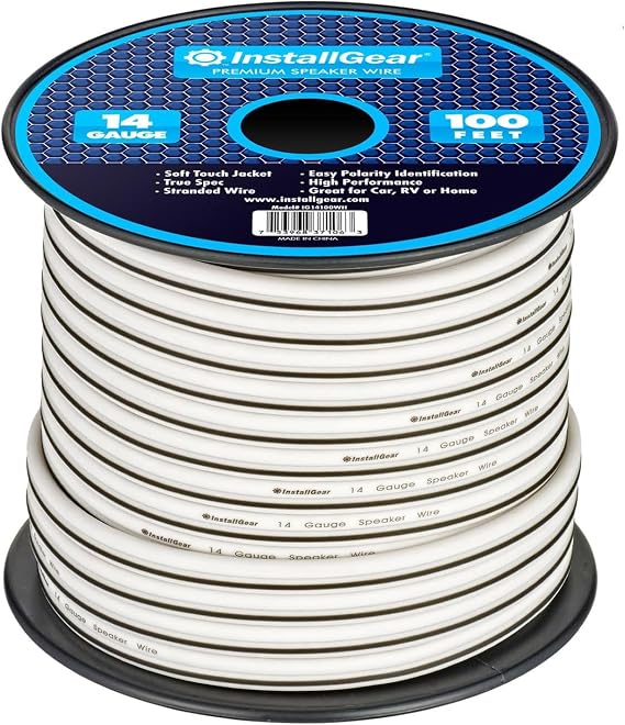 InstallGear Speaker Cable - 14 Gauge AWG (100ft - White) - White Speakers Wire Cable - Speaker Wire for Outdoor, Automotive, and Marine
