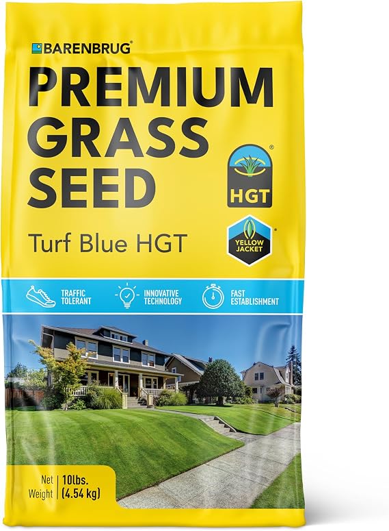 Barenbrug Turf Blue Healthy Grass Technology Lawn Seed Blend with Yellow Jacket Seed Coating, Heavy-Traffic HGT Grass Seed Mix for All Climates, 10-lb. Bag