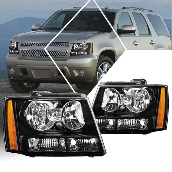 PM PERFORMOTOR 2Pcs Headlights Assembly Compatible with 07-14 Chevy Tahoe Suburban | Headlamps with Black Housing Amber Corner
