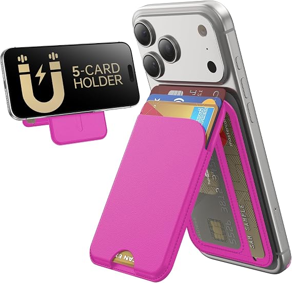 TWZKG for MagSafe Wallet, 5 Cards Holder with Stand, Magnetic Phone Wallet Stand for iPhone 17/16/15/14/13/12 Pro Max Air Plus Series, RFID Blocking Vegan Leather,Hot Pink