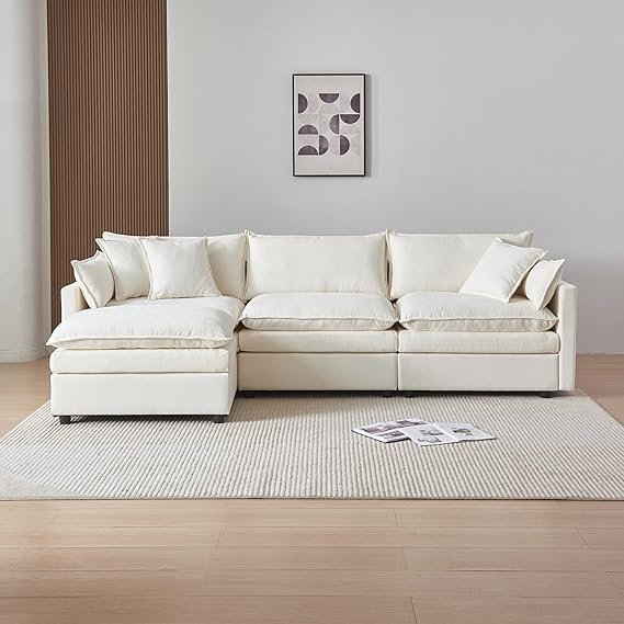 108.66" Modular Sectional Sofa with Ottoman, Modern L-Shaped Cloud Couch with Deep Seat, Soft Chenille Fabric Upholstered Sectional Couch for Living Room, Bedroom, Office