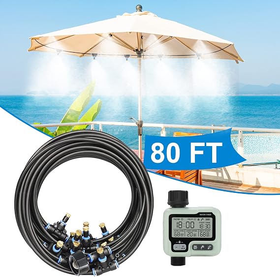 Misting Cooling System,Outside Misters + Timer for Outdoor Patio,80Ft|24M | Backyard Mist Hose Kits with Sprinkler Timer Yard,Lawn,Garden,Greenhouse,Fan,Umbrella,Canopy,Pool,Porch,BBQ Party Accessorie