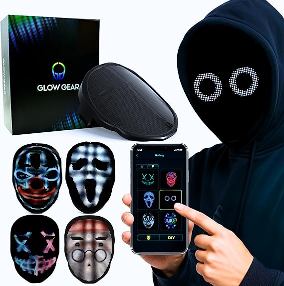 Glow Gear Face Transforming LED Mask App-Controlled Light Up Cosplay Mask with 115+ Animated Faces, Customizable LED Patterns, Rechargeable Battery Rave, Festival, Halloween, DJ Accessory