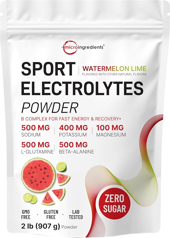Micro Ingredients Electrolytes Powder, 2 lbs | 90 Servings | Sugar Free Workout Hydration | Potassium, Sodium, L-Glutamine, Beta-Alanine, More | Watermelon Lime Flavor | Non-GMO, Gluten Free
