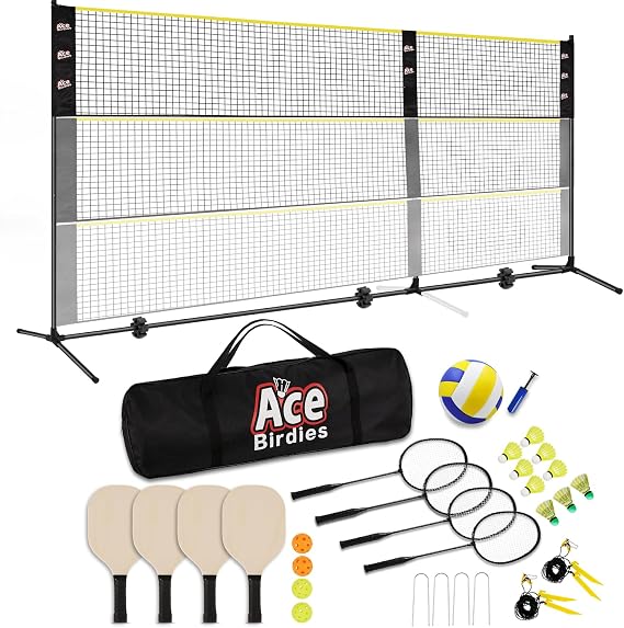Complete Badminton Sets (10FT/17FT) Adjustable Width, Adjustable Height (2.8/5.1/7.4FT), Badminton Pickleball Volleyball Set with Net, 4Racket+4Paddels+Volleyball for Outdoor Family Game.