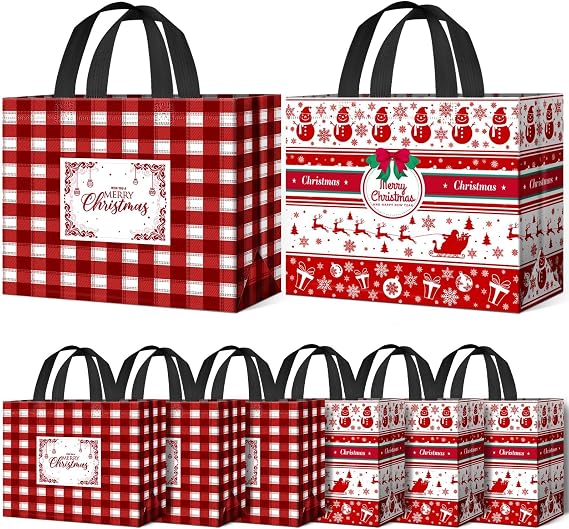 8 Pack Christmas Gift Bags, Large Reusable Holiday Tote Bags with Handles