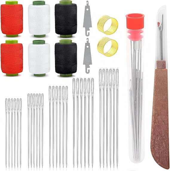 Professional Sewing Kit, 37 Pieces with Thread Spools in Red, White, Black, Metal Needles, Thimbles, Seam Ripper, Complete Hand Repair Tools Set