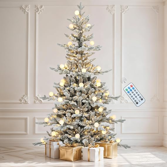 DWVO 6ft Prelit Flocked Aspen Fir Christmas Tree with Bulbs and Lights, Full Artificial Xmas Tree with 1336 Metal Hinged PE & PVC Flame Resistant Branches, 46 Bulbs and 270 Lights Remote Controlled