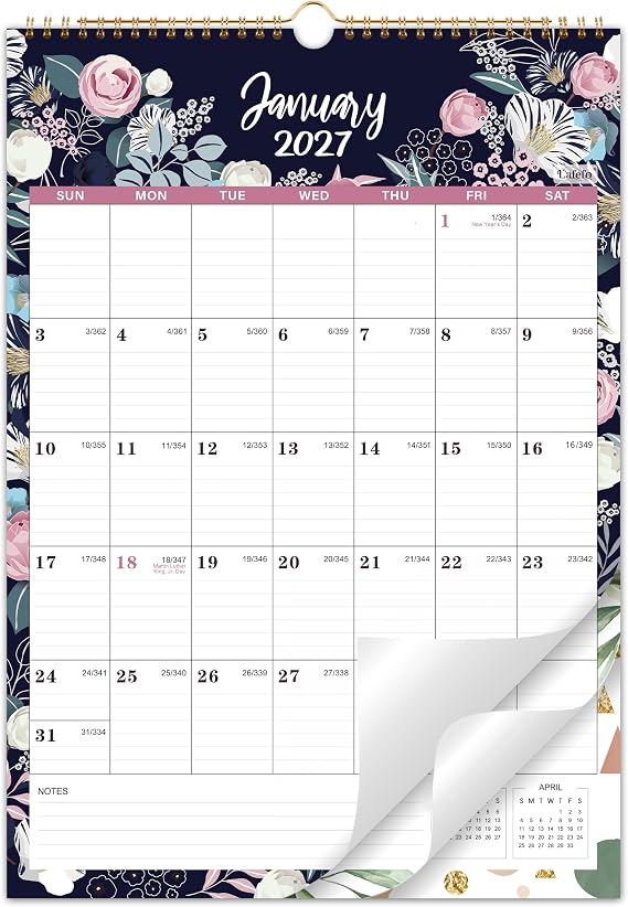2027 Calendar - 2027 Wall Calendar, 12 Monthly Wall Calendar 2027 from January 2027 - December 2027, 12" x 17", Twin-Wire Binding + Hanging Hook + Ruled Blocks + Thick Paper with Julian Dates - Floral