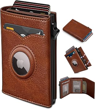 miyozi Airtag Wallet for Men,with Cash Pocket 2 ID Window 9-12 Cards,Metal Case Smart Slim Pop Up Credit Card Holder Flip with Magnetic Closure RFID Blocking Trifold wallet with Gift Box