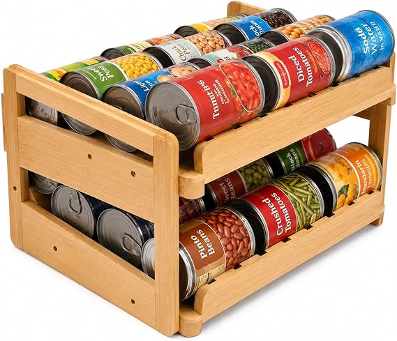 MinBoo Bamboo FIFO Can Organizer for Pantry, 24-Can Gravity Dispenser with Adjustable Dividers, Freestanding Wood Canned Food Storage Rack for Soup, Soda and Pet Food, 15.5" W x 11.6" D x 9.4" H