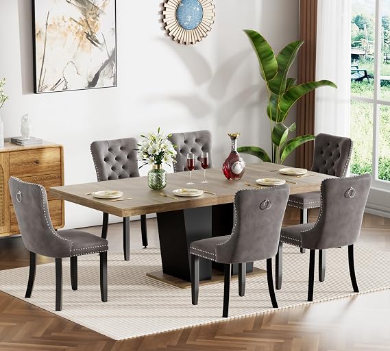 7 Piece Extendable Dining Table Set with 6 Fabric Chairs, 63-79in Expandable Wooden Kitchen Table and Chair Set for 6, Rectangular Extendable Dining Room Table Set for 6