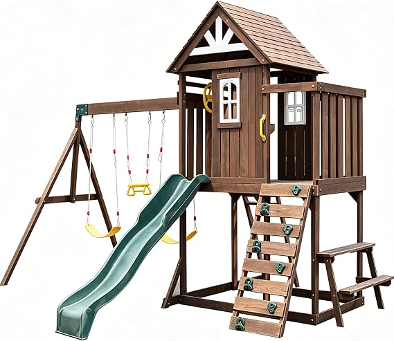Wooden Swing Set with 2 Swings, Wave Slide, Play Deck, Climbing Wall & Trapeze Rings - Outdoor Backyard Playset for Kids - Heavy Duty Wooden Jungle Gym