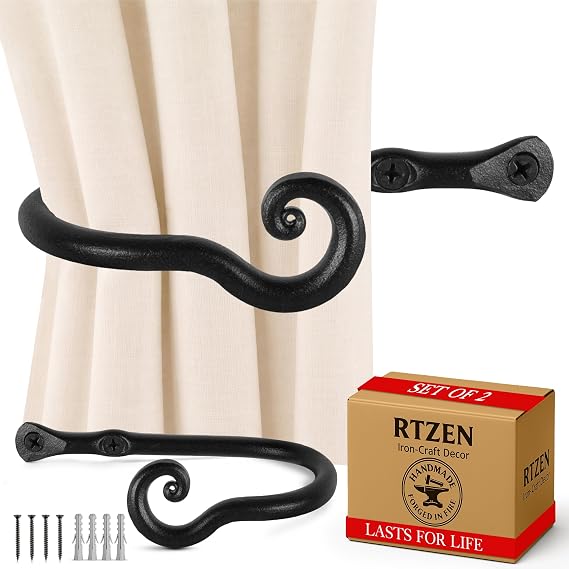 RTZEN Metal Curtain Tiebacks, Drapery Holders for Wall, 2 Pcs | Farmhouse Wrought Iron Curtain Holdbacks, Ornamental Window Decor Hooks, Unique Metal Tie Backs for Curtain (Black Classic)