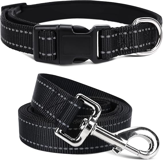 Soft Neoprene Padded Dog Collar and Leash Set for Small Medium Large Dogs, Reflective Durable Nylon Dog Collar with 5ft Leash Easy for Walking, Black,Neck fit 10.5-15.5