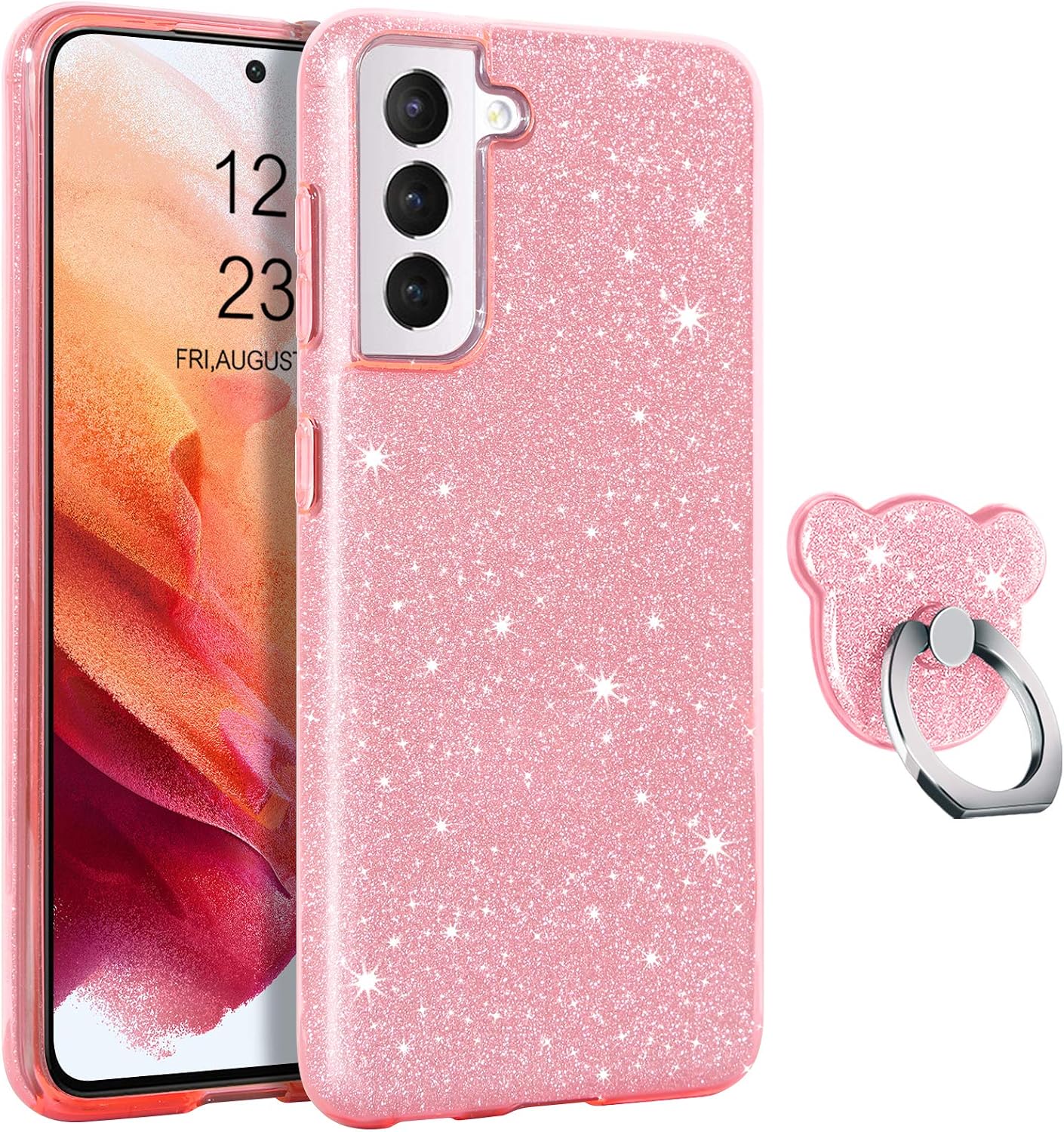 GUAGUA Compatible with Samsung Galaxy S21 Case 5G 6.2 Inch Glitter Sparkle Bling Cute Cover for Girls Women with Extra Ring Holder Kickstand Slim Protective Case for Samsung Galaxy S21 Rose Gold Pink