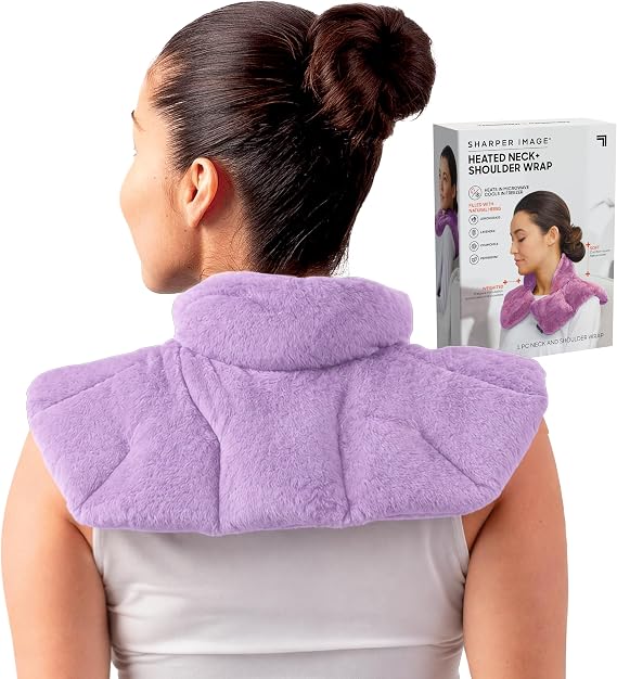 Sharper Image Heated Neck & Shoulder Wrap - Microwavable Warm & Cooling Plush Pad, Scented Aromatherapy (100% Natural Lavender & Herb Spa Blend), Pain Tension Headache Relief Therapy, Gift for Women