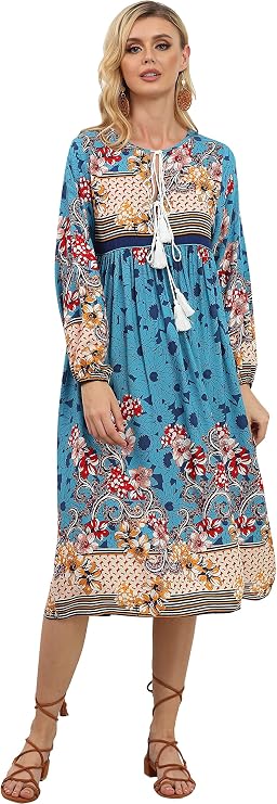 VintageClothing Womens Long Sleeve Bohemian Midi Dresses Summer Floral Retro V Neck Tassel Casual Dress, S