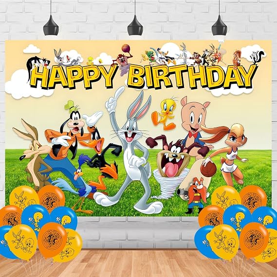 Tunes of Looney Birthday Decorations,Cartoon Tunes of Looney Backdrops for Party Decorations Supplies,Anime Happy Birthday Banner Backdrop for Party Supplies (5x3ft)