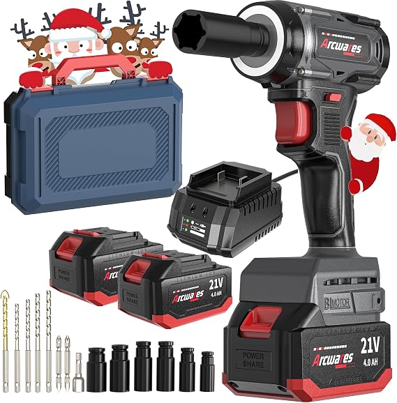 Arcwares 21V Cordless Impact Wrench, 260FT-LBS(350N.m) Brushless Electric Impact Wrench, 2500RPM Torque Impact Gun,2x 4.0Ah Batteries with LED Ring Light and Hammer Function