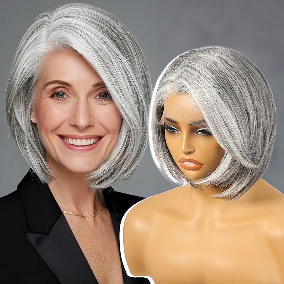 KOME Grey13x6 Bob Synthetic Lace Front Wig for Women 12IN