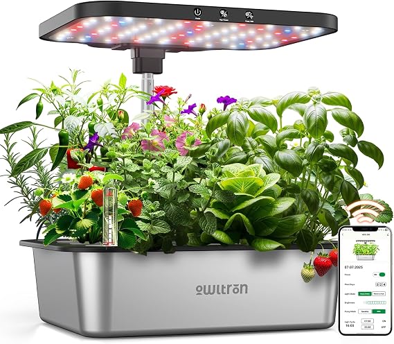 owltron Smart Hydroponics Growing System Kit,15 Pods Indoor Herb Garden with 36W LED Grow Light & APP Control, Planting Height Up to 30", Quiet Water Pump, Ideal Gift for All Ages Dark Silver