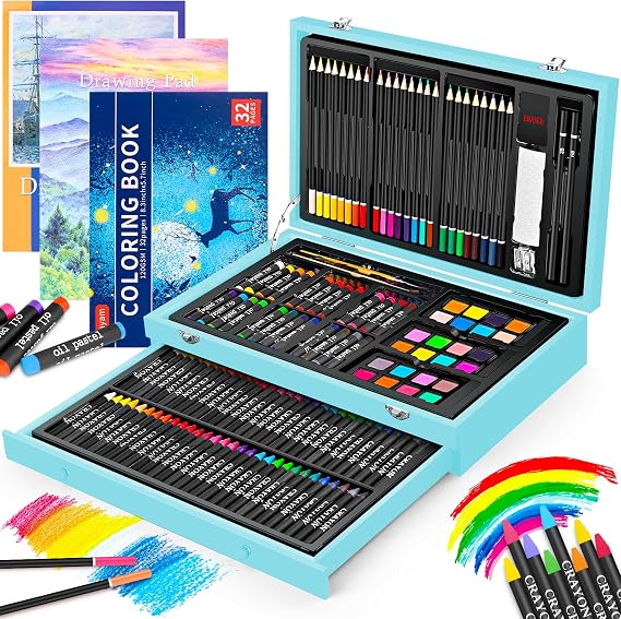 iBayam Arts and Crafts Gifts for Kids 6-14 Year Teens Boys | 150-Pack Art Set Kits with 2 Sketch Pads, 1 Coloring Book, 24 Colored Pencils, 24 Oil Pastels, 24 Watercolor, 60 Crayons