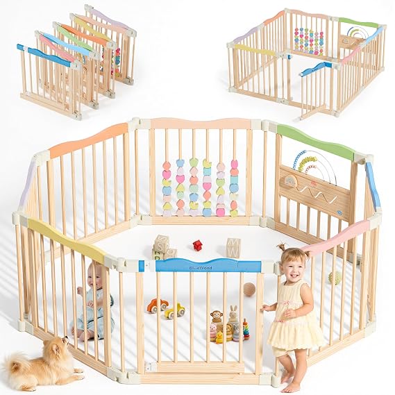 Foldable Wooden Playpen, 55 x 55 x 24 inches, Rainbow Dream, Colorful