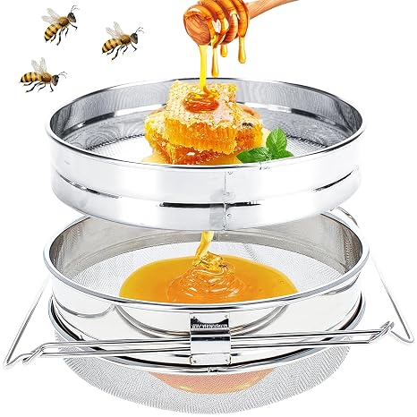 ZONSUSE Stainless Steel Honey Strainer, Double Sieve Mesh Filter, Bee Keeping Extract Tools with Adjustable Handles, Beekeeping Equipment, Harvest, and Extract Honey, Ideal for Beekeepers