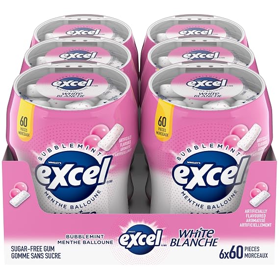 Excel White Sugar-Free Gum,Bubblemint, 60pc Bottle,6ct{Imported from Canada}
