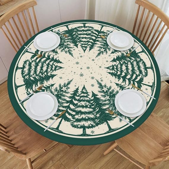 KiuLoam Christmas Round Fitted Tablecloth with Elastic Edge Rustic Forest Green Xmas Tree Pattern Table Cloth Washable Reusable Table Cover for Holiday Kitchen Home Party Fits 45-50"